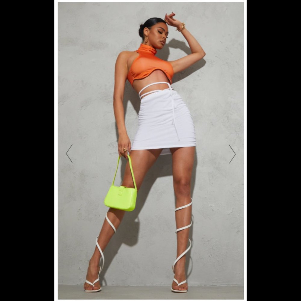 PLT WHITE COTTON RUCHED SIDE TIE WAIST MINI SKIRT